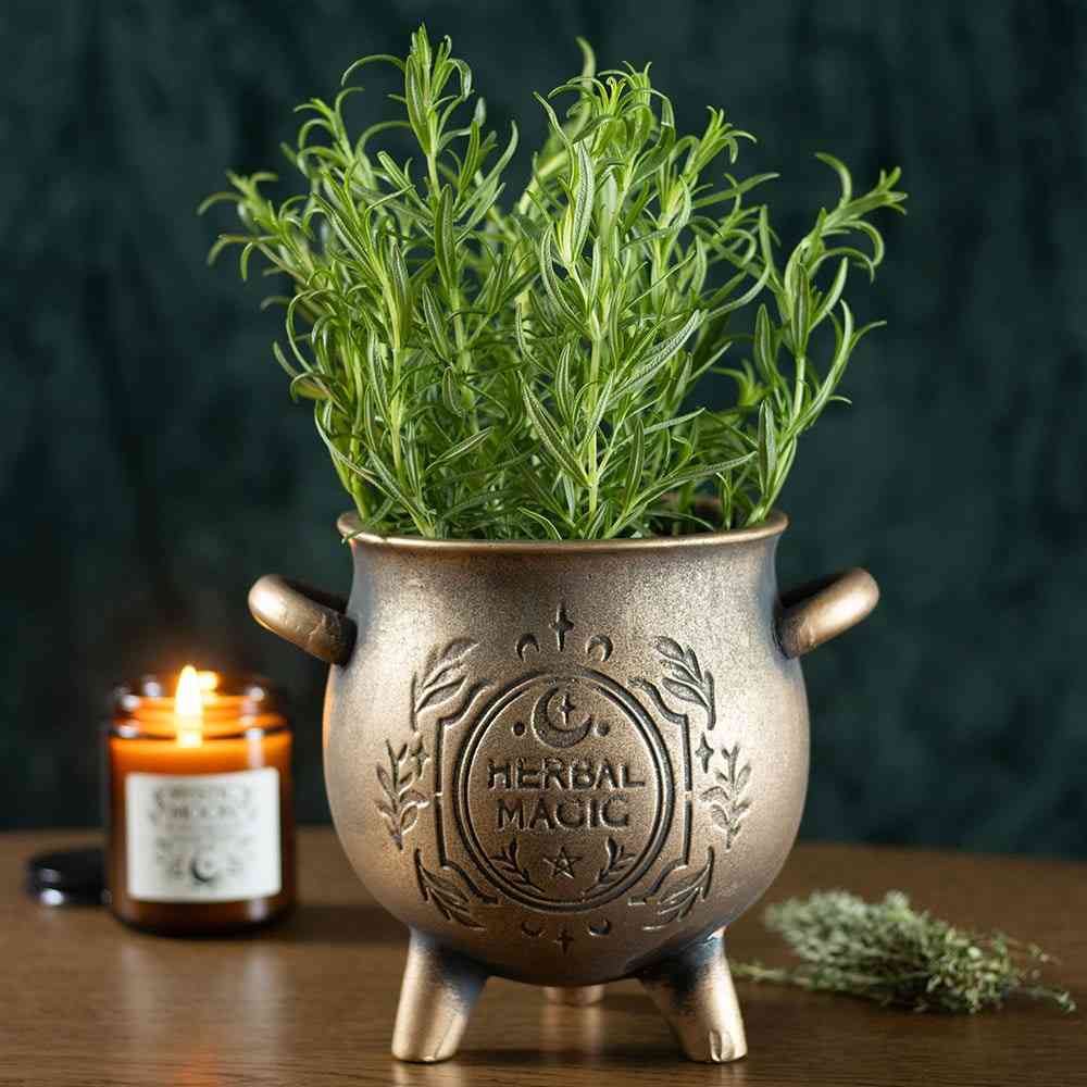 Something Different - Herbal Magic Bronze Effect Terracotta Cauldron Plant pot - Bronze coloured